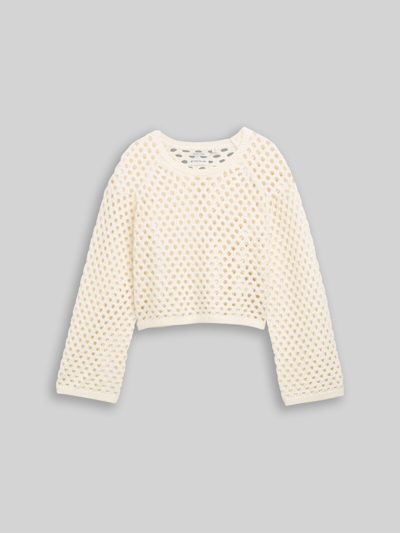 Tom Tailor Cropped Strickpullover mit Lochmuster - Gardenia White
