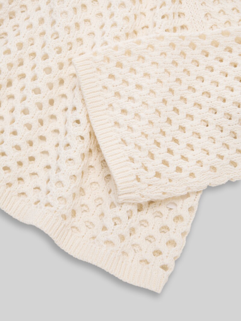 Tom Tailor Cropped Strickpullover mit Lochmuster - Gardenia White