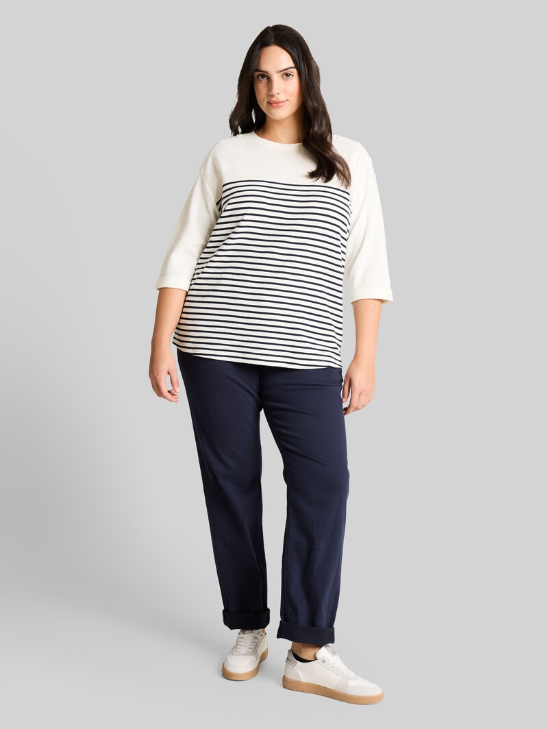 Tom Tailor Plus Size - Langarmshirt mit Streifenmuster - Offwhite Navy Blue Stripe