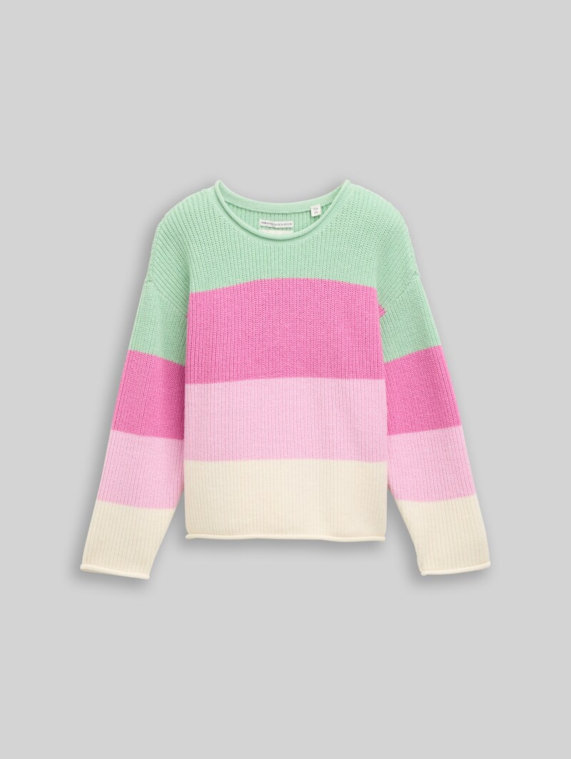 Tom Tailor Cropped Strickpullover - Multicolor Green Block Stripe