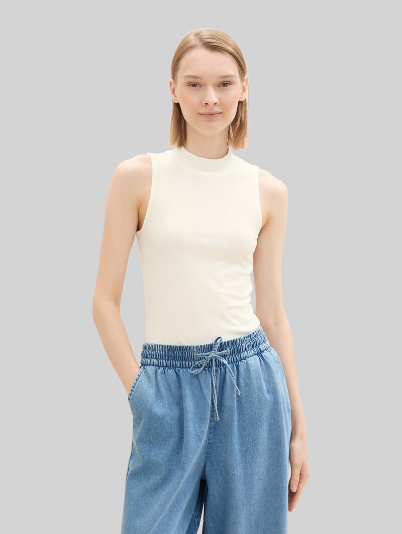 Tom Tailor Ripp Top mit Stehkragen - Off White