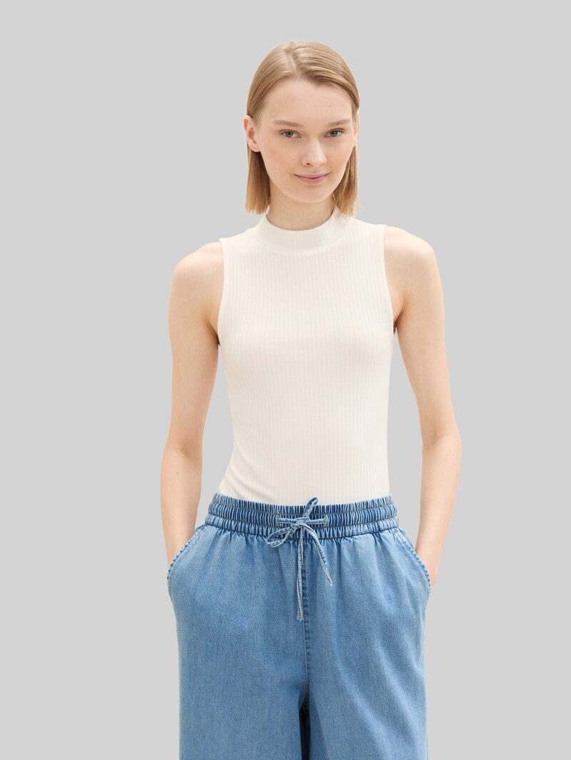 Tom Tailor Ripp Top mit Stehkragen - Off White