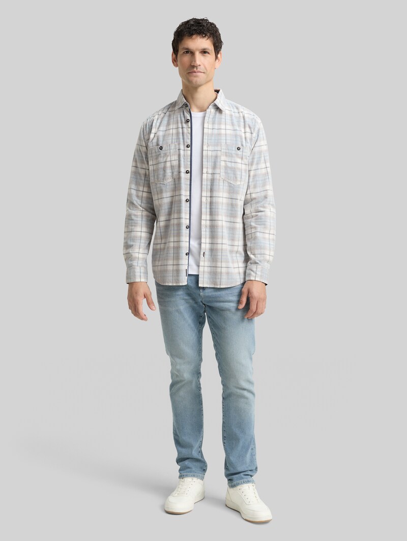 Tom Tailor Regular Fit Cordhemd mit Karomuster - White Blue Cord Check
