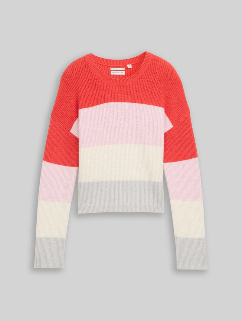 Tom Tailor Cropped Strickpullover mit Colour Blocking - Red Bold Block Stripe