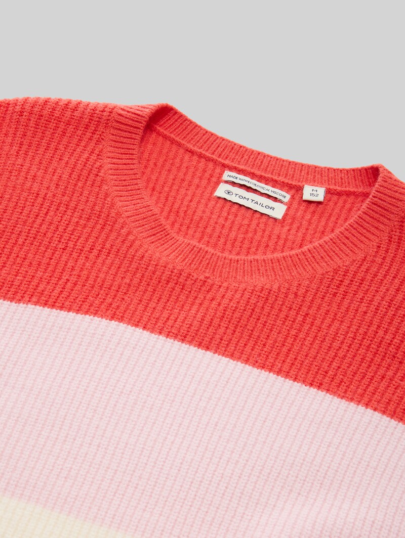 Tom Tailor Cropped Strickpullover mit Colour Blocking - Red Bold Block Stripe
