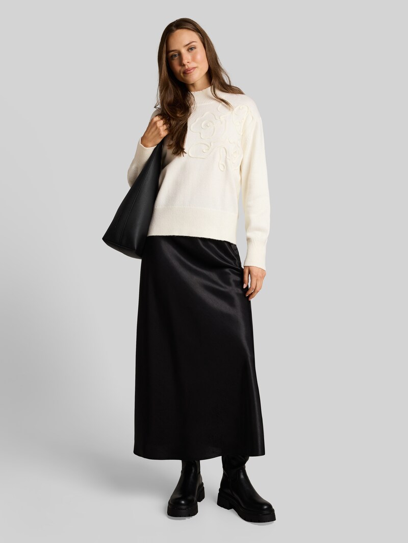 Tom Tailor Oversize Cosy Strickpullover mit Blumen-Stickerei - Whisper White