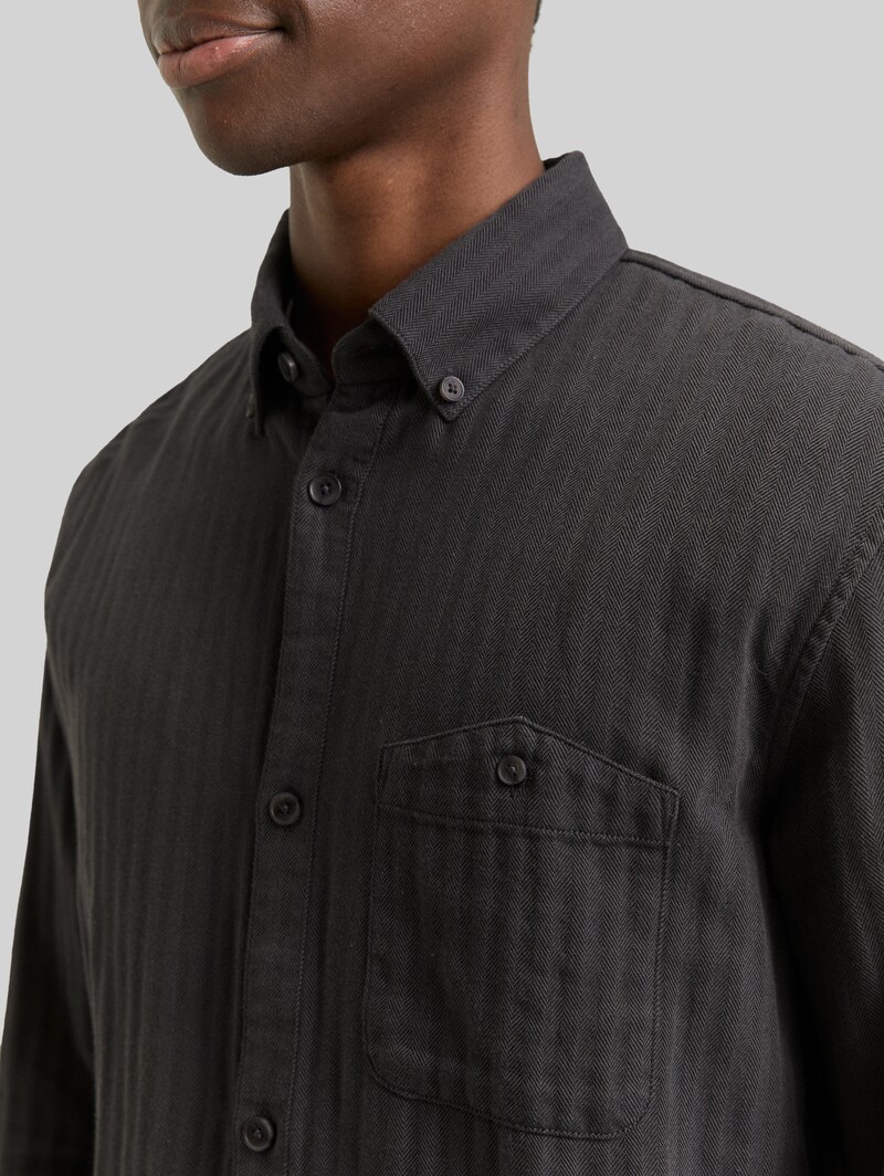 Tom Tailor Basic Fit Hemd mit Brusttasche - Black Grey Herringbone
