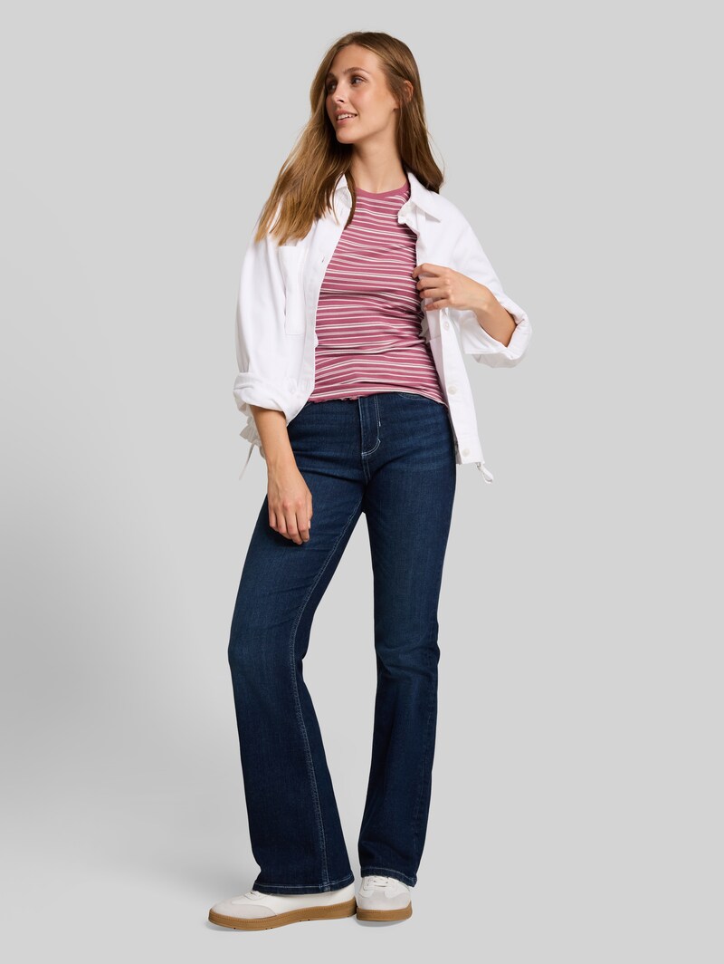 Tom Tailor Slim Fit Langarmshirt mit gewellten Saumkanten - Berry White Irregular Stripe