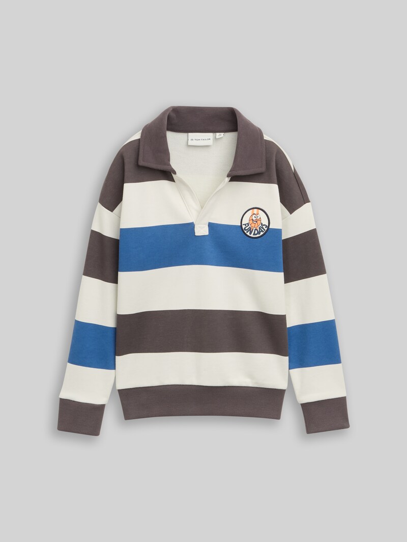 Tom Tailor Oversize Sweatshirt mit Polokragen - Grey Blue Off White Stripe
