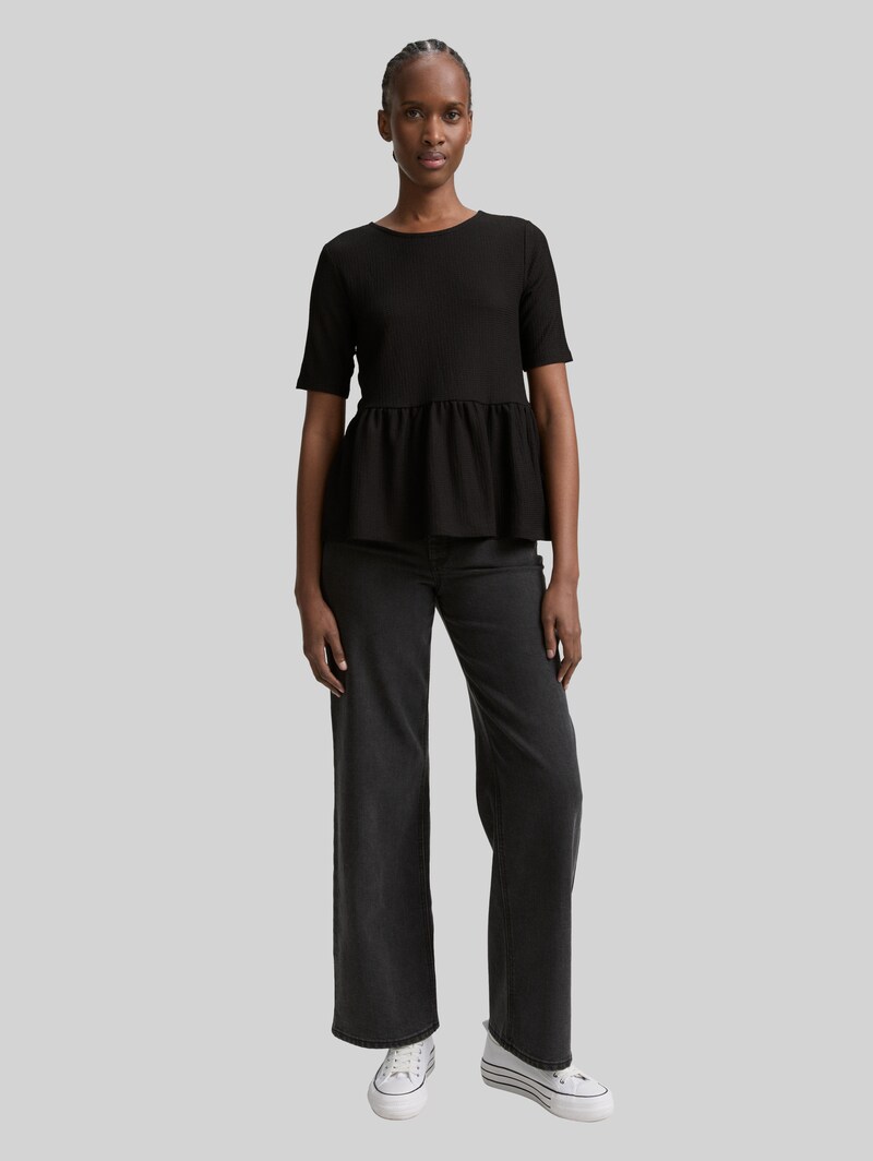 Tom Tailor Jacquard T-Shirt mit Peplum - Deep Black