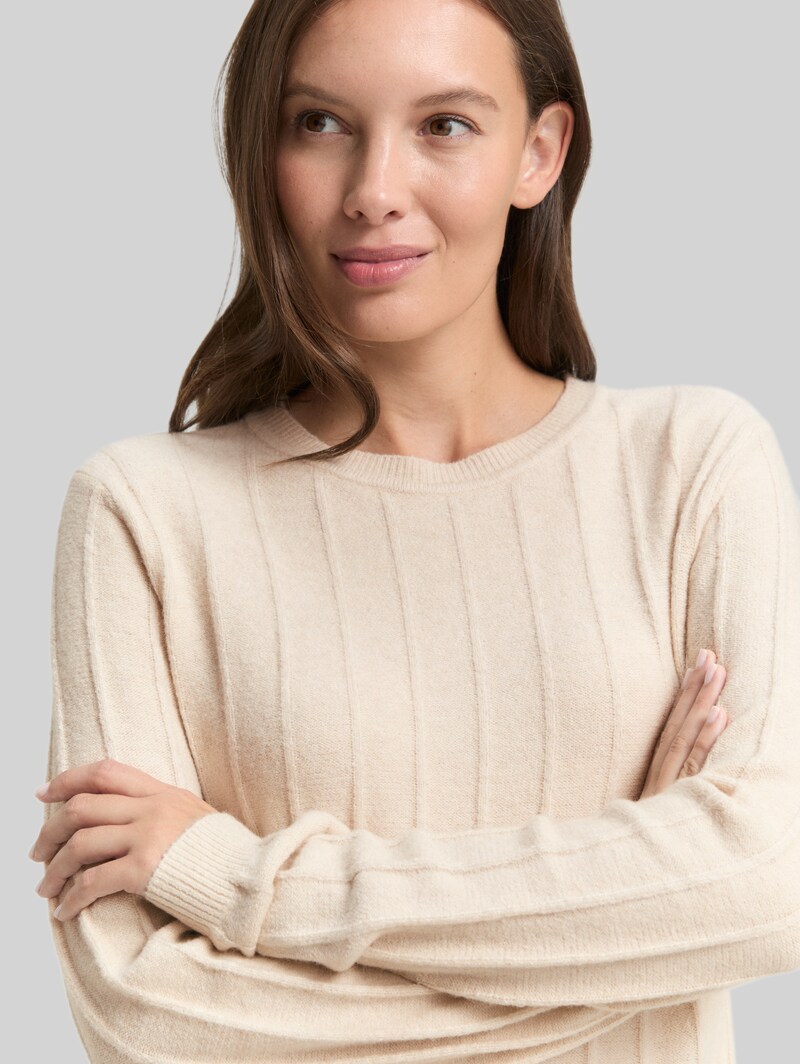 Tom Tailor Rib Strickpullover mit Wollanteil - Sand Stone Beige Melange