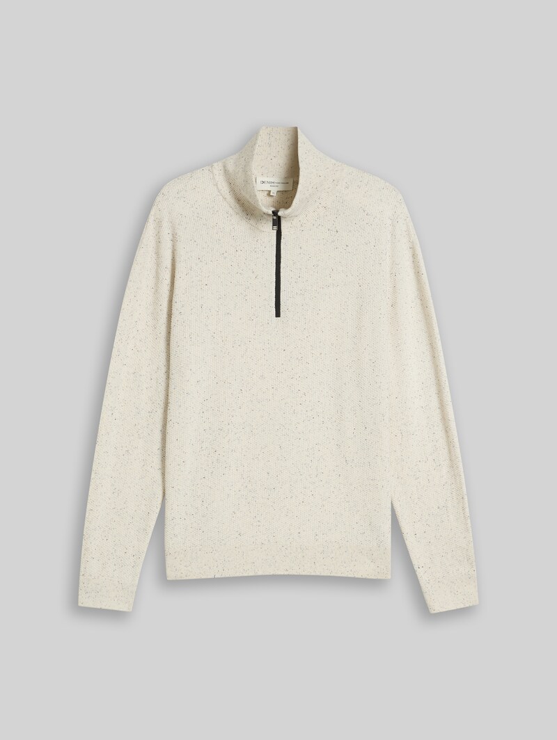 Tom Tailor Troyer Strickpullover aus Baumwolle - Off White Neps