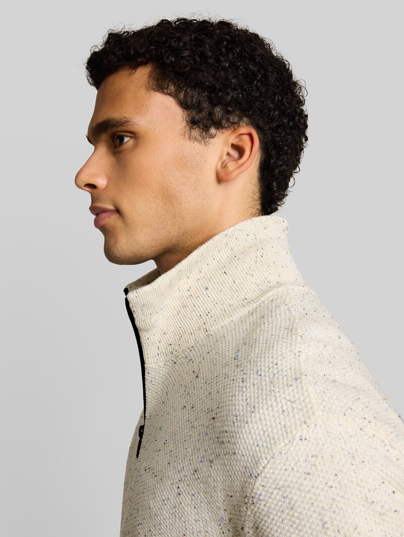 Tom Tailor Troyer Strickpullover aus Baumwolle - Off White Neps