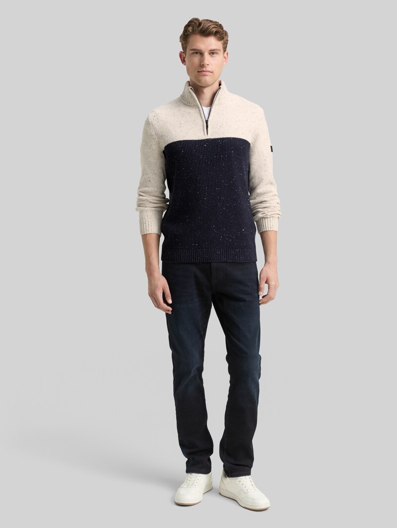 Tom Tailor Troyer Strickpullover mit Strukturmix - Offwhite Navy Color Block