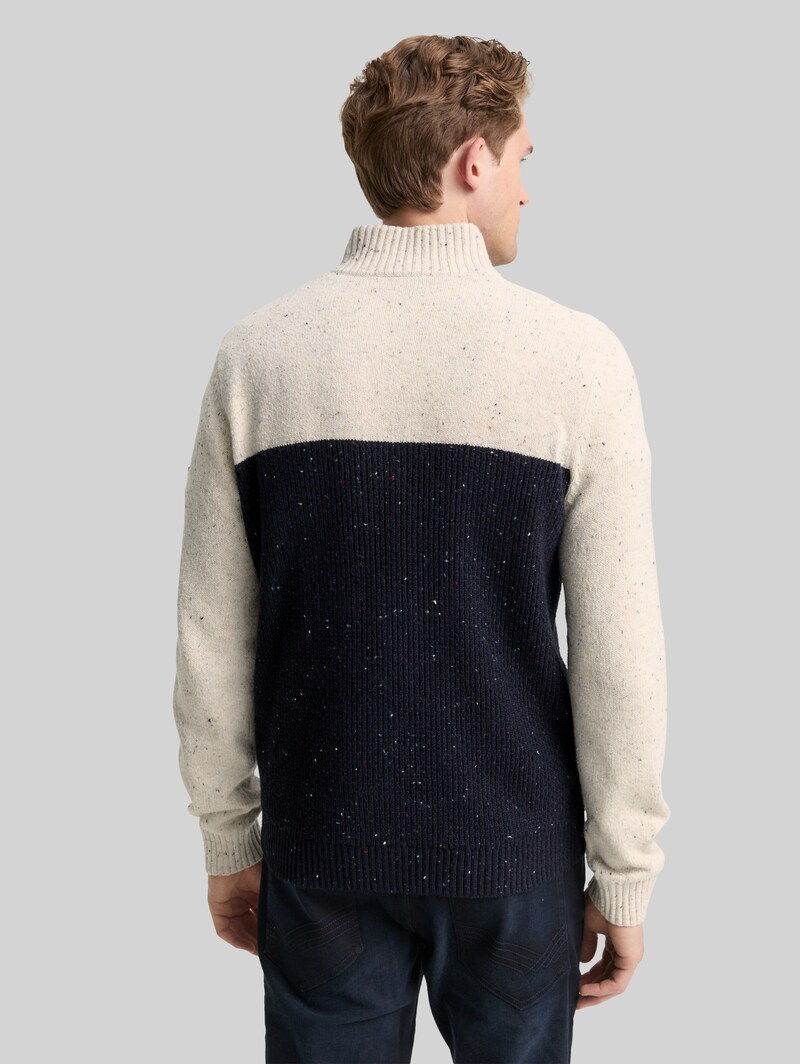 Tom Tailor Troyer Strickpullover mit Strukturmix - Offwhite Navy Color Block
