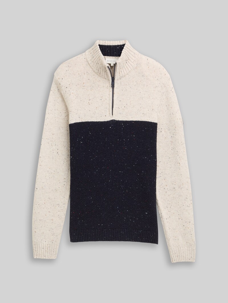 Tom Tailor Troyer Strickpullover mit Strukturmix - Offwhite Navy Color Block
