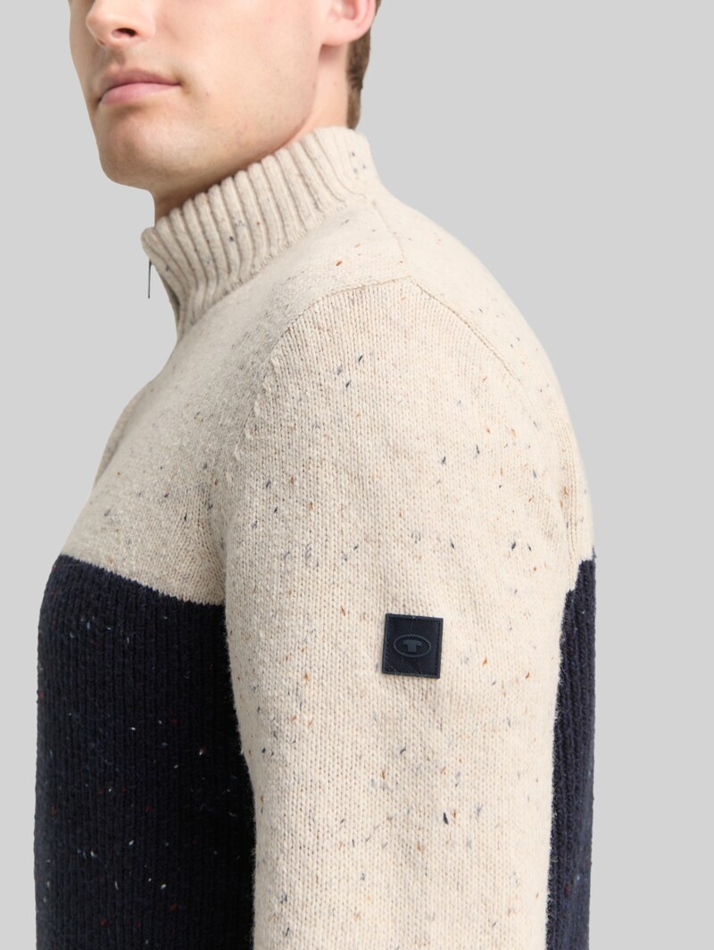 Tom Tailor Troyer Strickpullover mit Strukturmix - Offwhite Navy Color Block