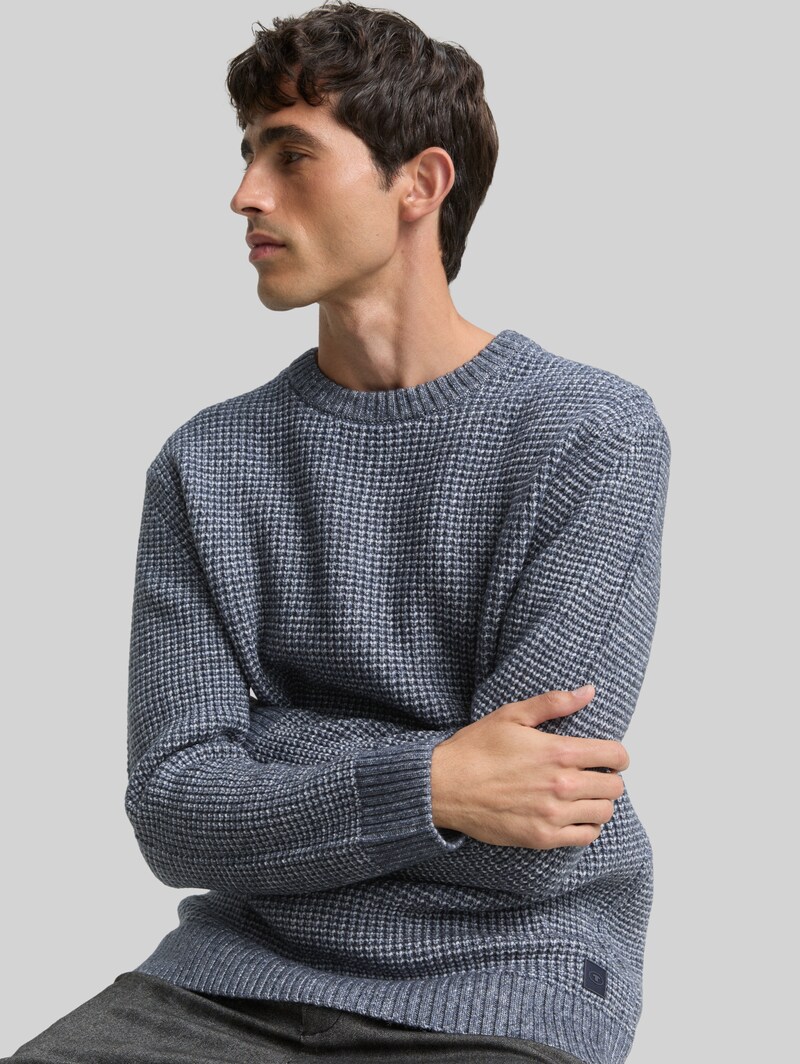 Tom Tailor Strickpullover mit Wollanteil - Navy Melange White Core
