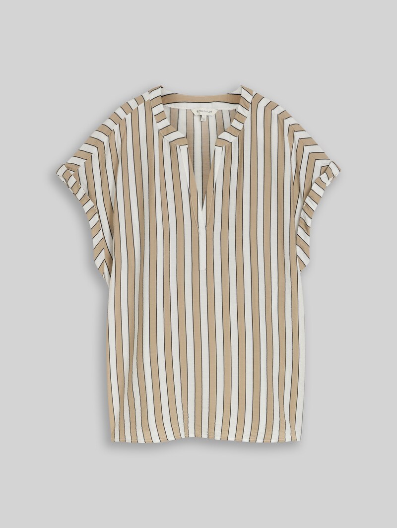 Tom Tailor Loose Fit Bluse mit V-Ausschnitt - Olive White Irregular Stripe