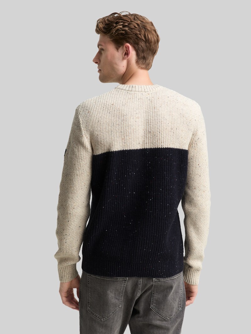 Tom Tailor Strickpullover mit Strukturmix - Offwhite Navy Color Block