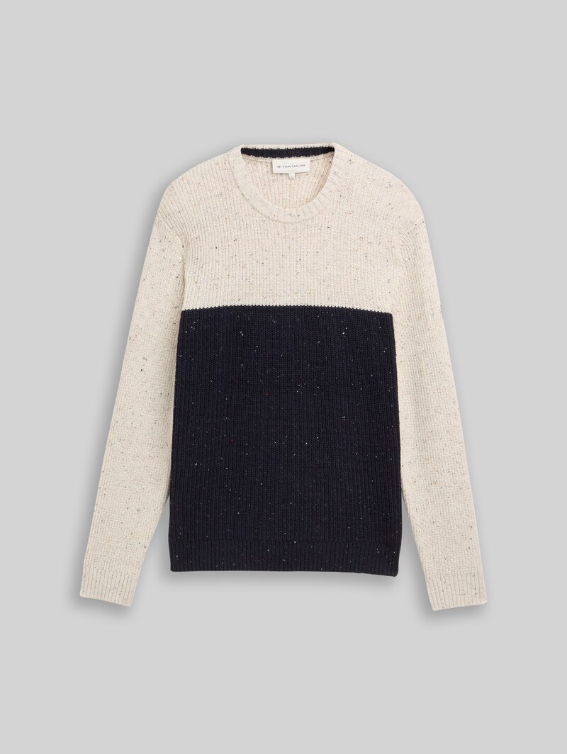 Tom Tailor Strickpullover mit Strukturmix - Offwhite Navy Color Block