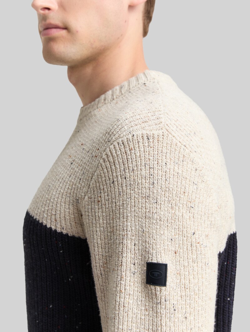 Tom Tailor Strickpullover mit Strukturmix - Offwhite Navy Color Block