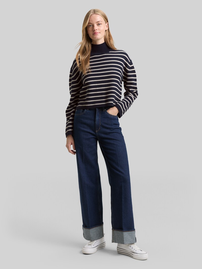 Tom Tailor Relaxed Fit Strickpullover mit Streifenmuster - Navy Cloud Grey Stripe