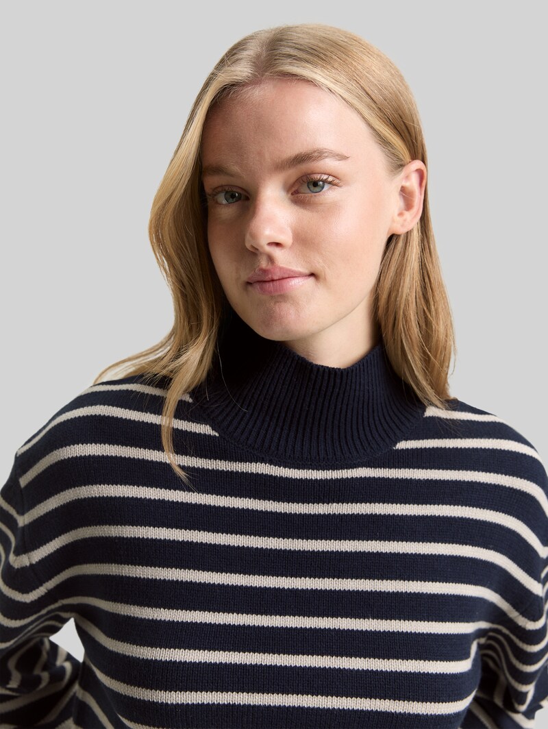 Tom Tailor Relaxed Fit Strickpullover mit Streifenmuster - Navy Cloud Grey Stripe