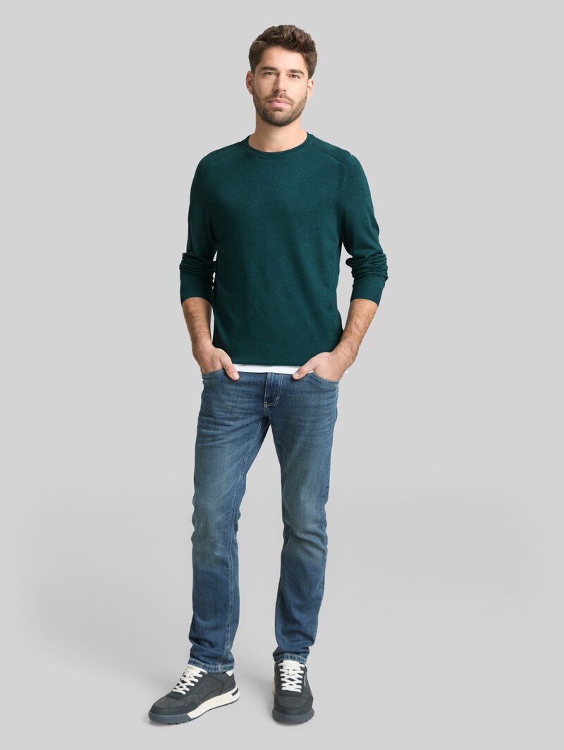 Tom Tailor Basic Strickpullover mit Rundhalsausschnitt - Deep Meadow Green Melange