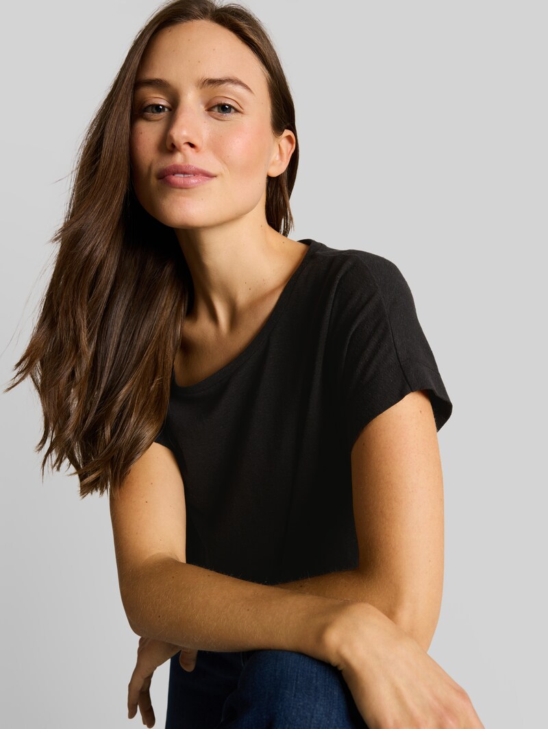 Tom Tailor Loose Fit T-Shirt mit Leinenanteil - Deep Black