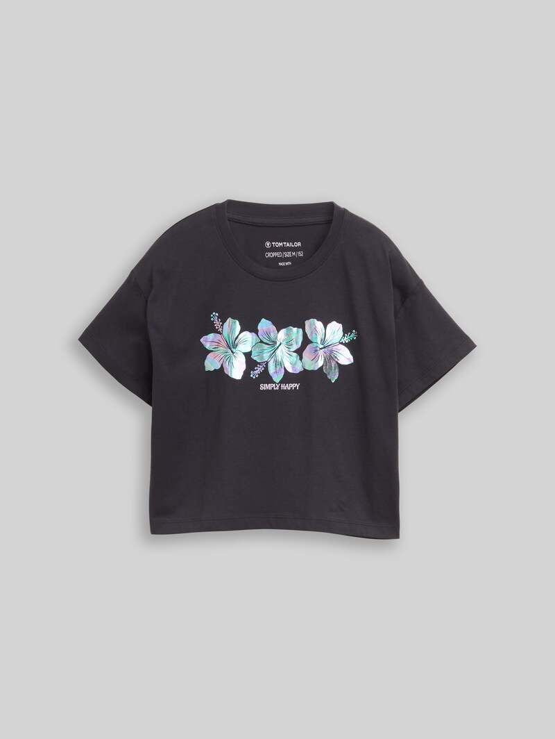 Tom Tailor Cropped T-Shirt mit Glitzer-Print - Coal Grey