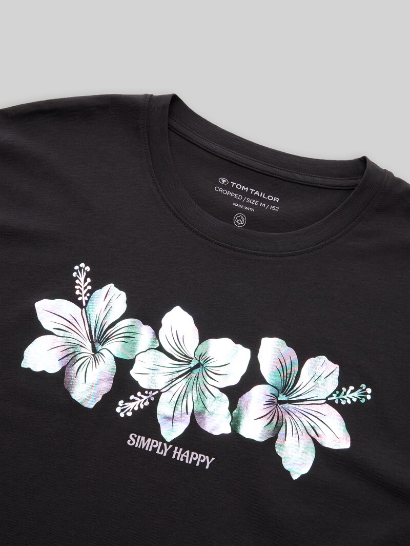 Tom Tailor Cropped T-Shirt mit Glitzer-Print - Coal Grey