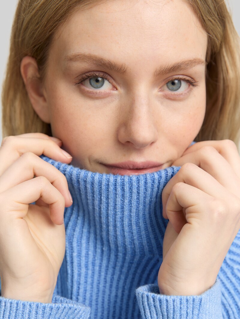 Tom Tailor Loose Fit Strickpullover mit Stehkragen - Light Blue Knit Structure