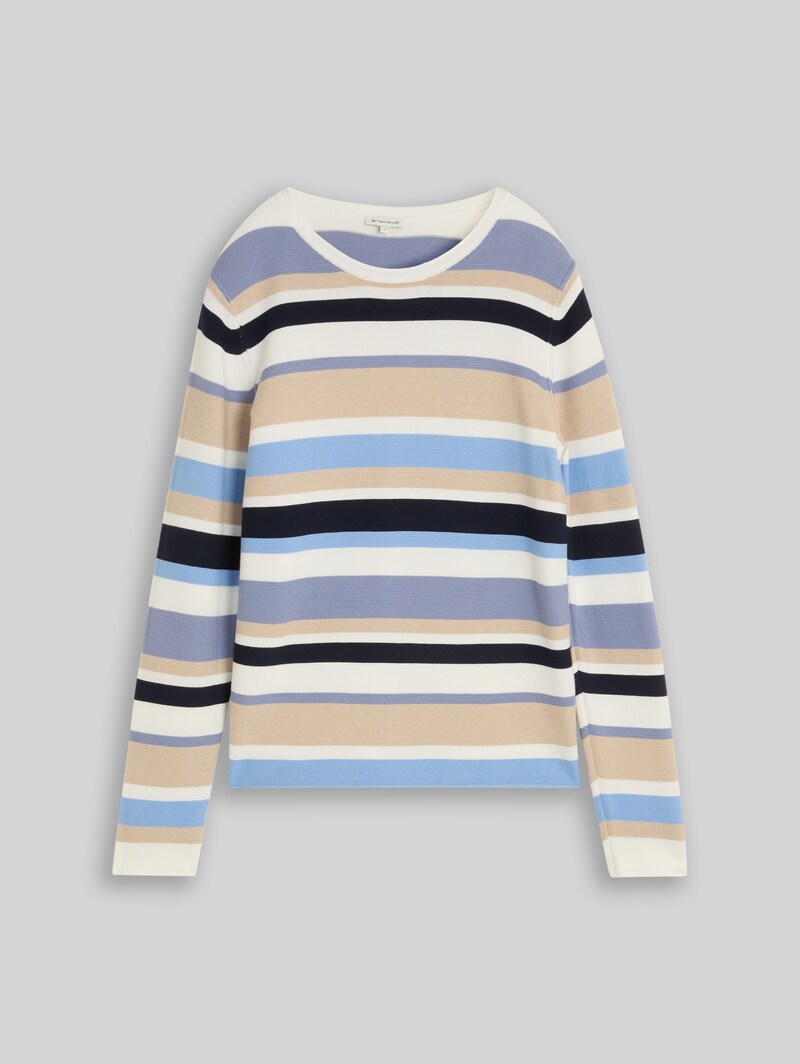 Tom Tailor Strickpullover aus Baumwolle - Navy Blue Beige Stripe