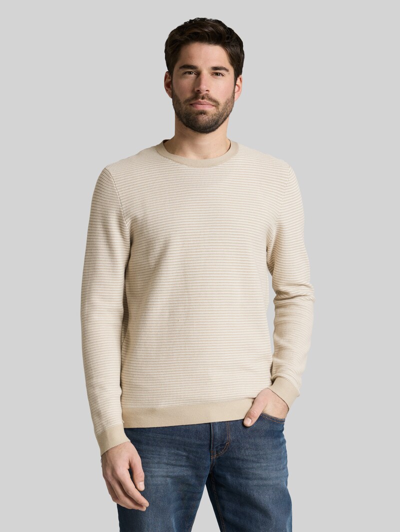Tom Tailor Strickpullover aus Baumwolle - Structured Stripe Beige White Tom Tailor Strickpullover aus Baumwolle - Structured Stripe Beige White