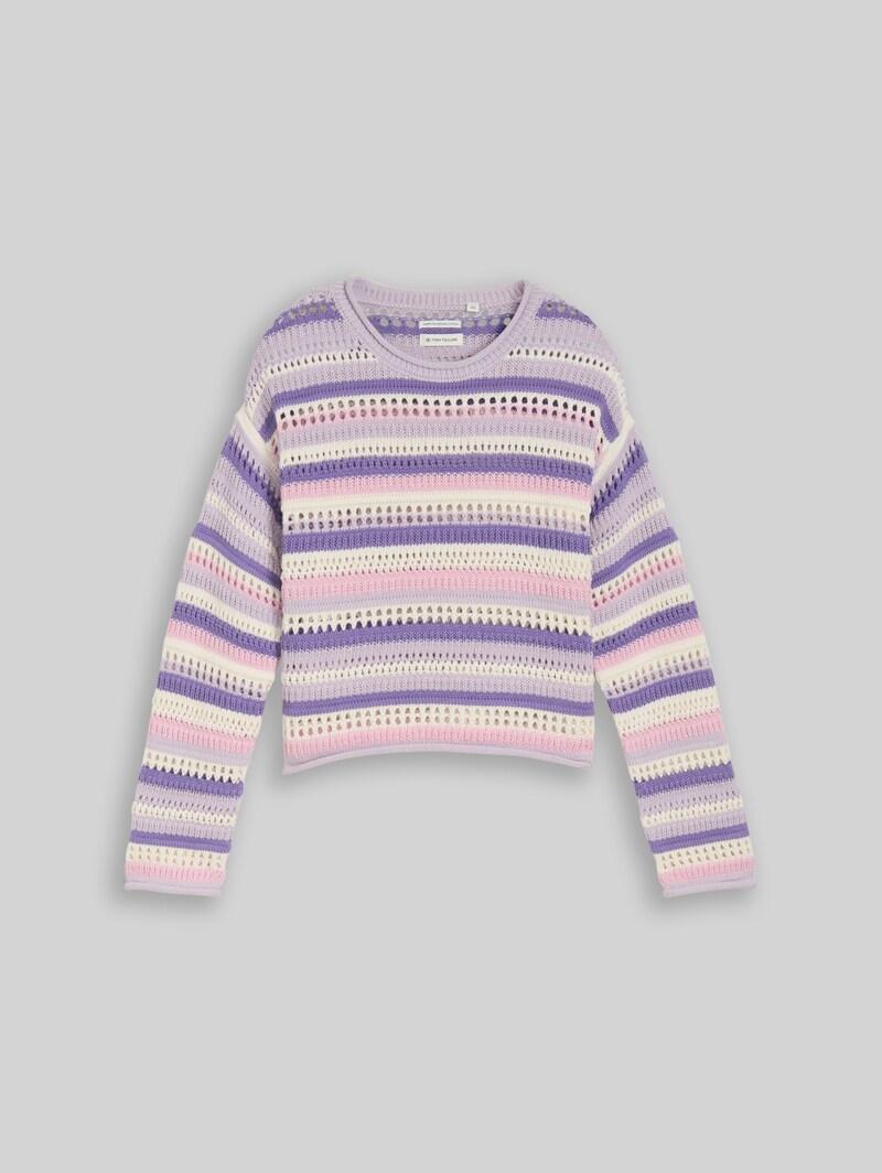Tom Tailor Cropped Strickpullover mit Streifenmuster - Lilac Pink Multicolor Stripe