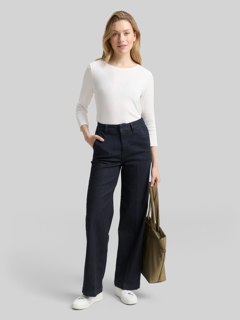 Tom Tailor Slim Fit Langarmshirt mit Glitzer-Logo - Whisper White