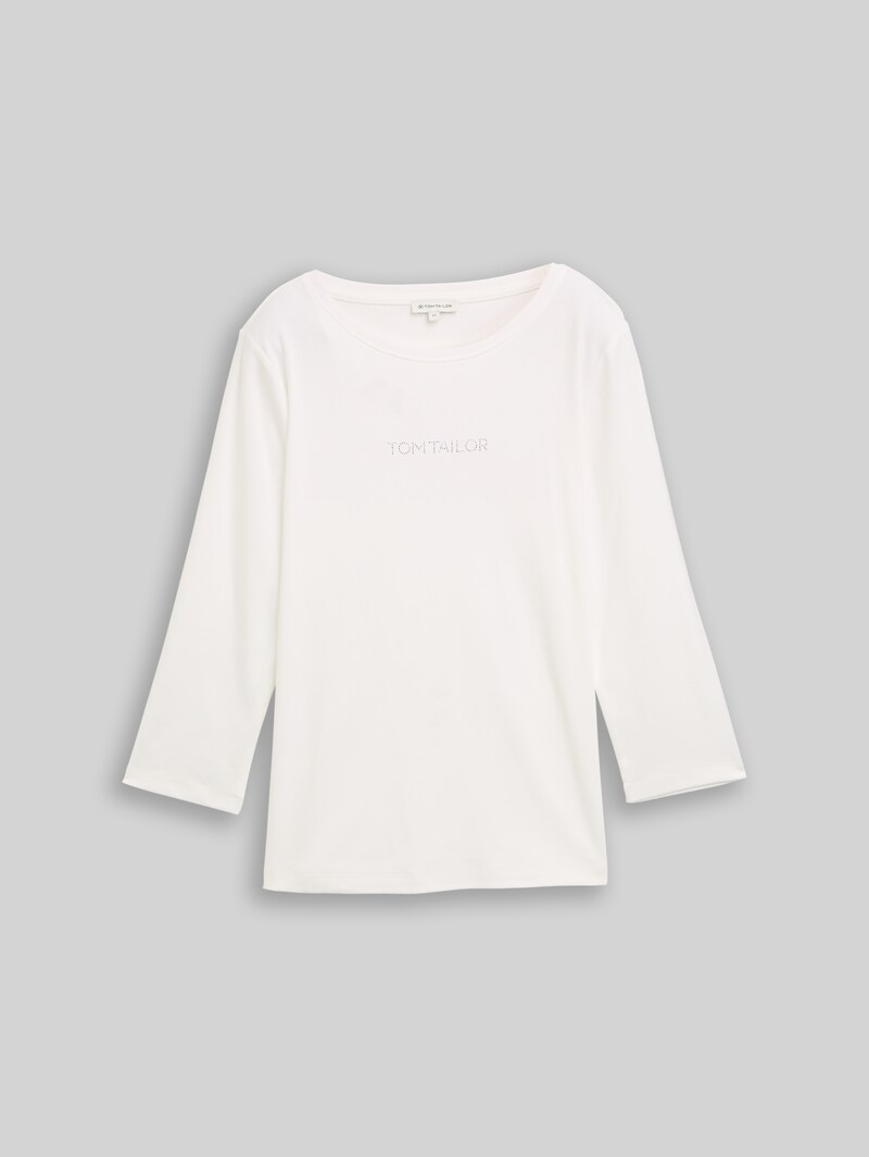 Tom Tailor Slim Fit Langarmshirt mit Glitzer-Logo - Whisper White