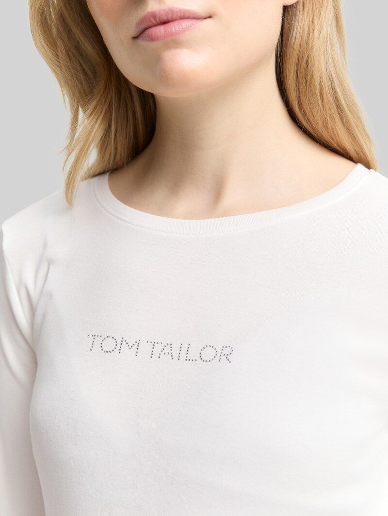 Tom Tailor Slim Fit Langarmshirt mit Glitzer-Logo - Whisper White