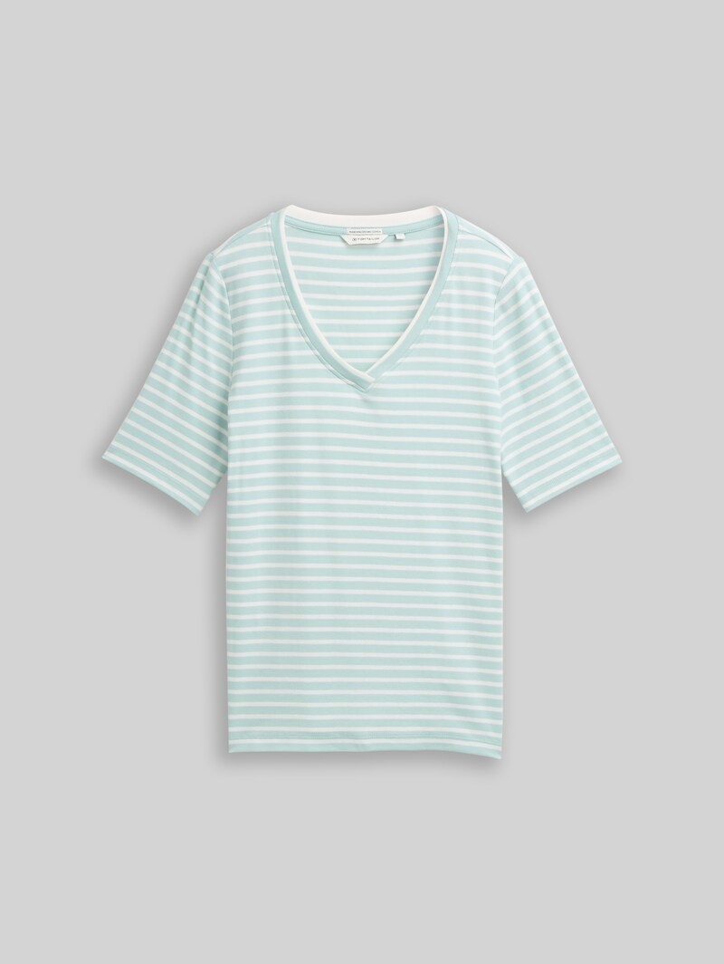 Tom Tailor Slim Fit T-Shirt mit V-Ausschnitt - Blue Haze Offwhite Stripe