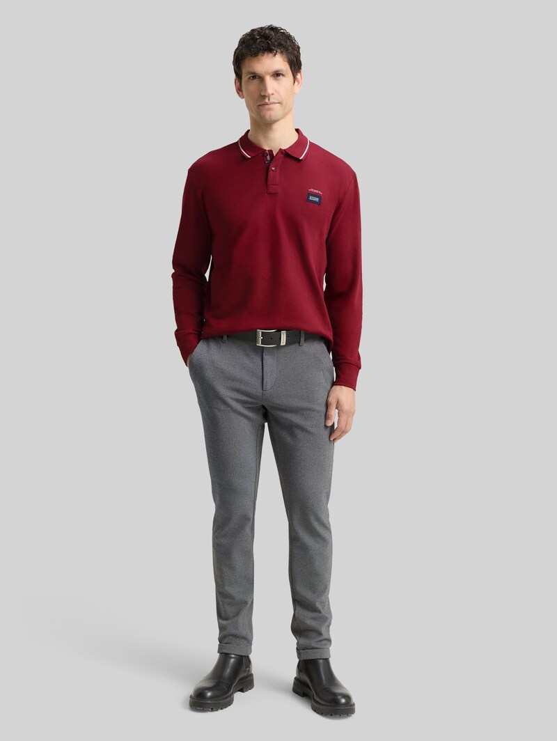 Tom Tailor Langarm Piqué Poloshirt mit Logo-Print - Cabarnet Bordeaux Red