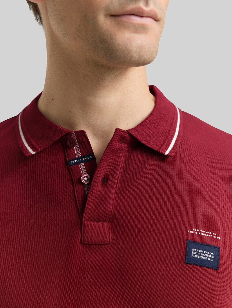 Tom Tailor Langarm Piqué Poloshirt mit Logo-Print - Cabarnet Bordeaux Red