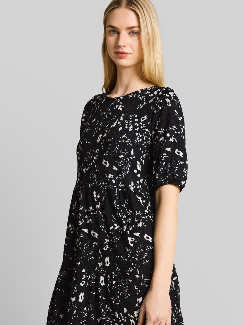 Tom Tailor Crinkle Mini-Kleid mit Blumenmuster - Black White Flower Print