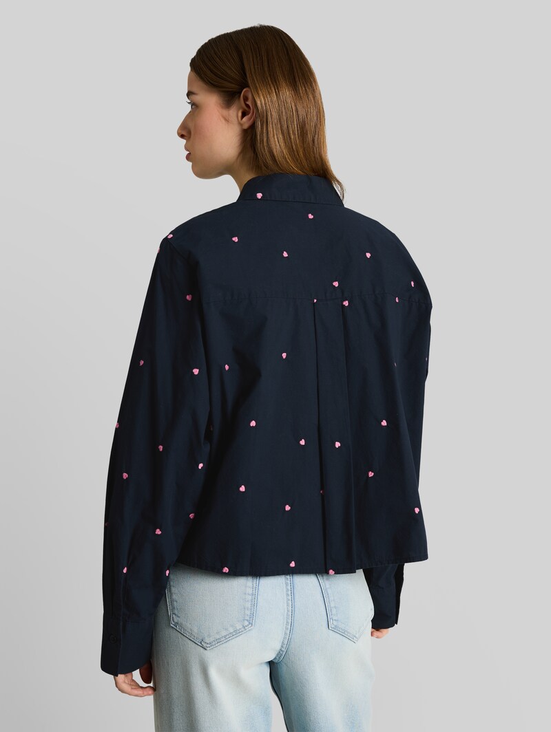Tom Tailor Boxy Fit Hemdbluse mit Stickereien - Navy Pink Heart Embroidery