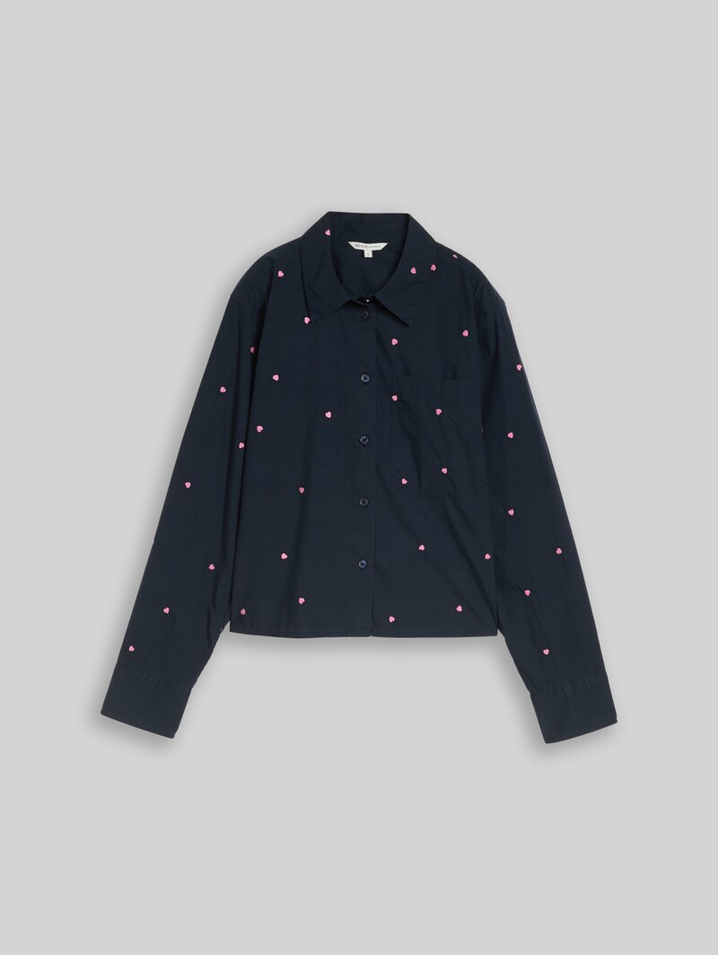 Tom Tailor Boxy Fit Hemdbluse mit Stickereien - Navy Pink Heart Embroidery