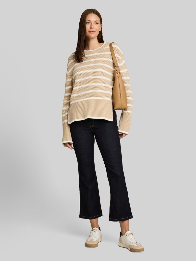 Tom Tailor Oversize Strickpullover mit Streifenmuster - Beige Melange White Stripe