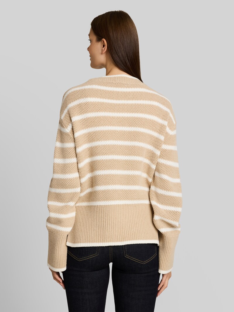 Tom Tailor Oversize Strickpullover mit Streifenmuster - Beige Melange White Stripe