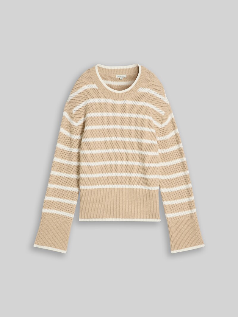 Tom Tailor Oversize Strickpullover mit Streifenmuster - Beige Melange White Stripe