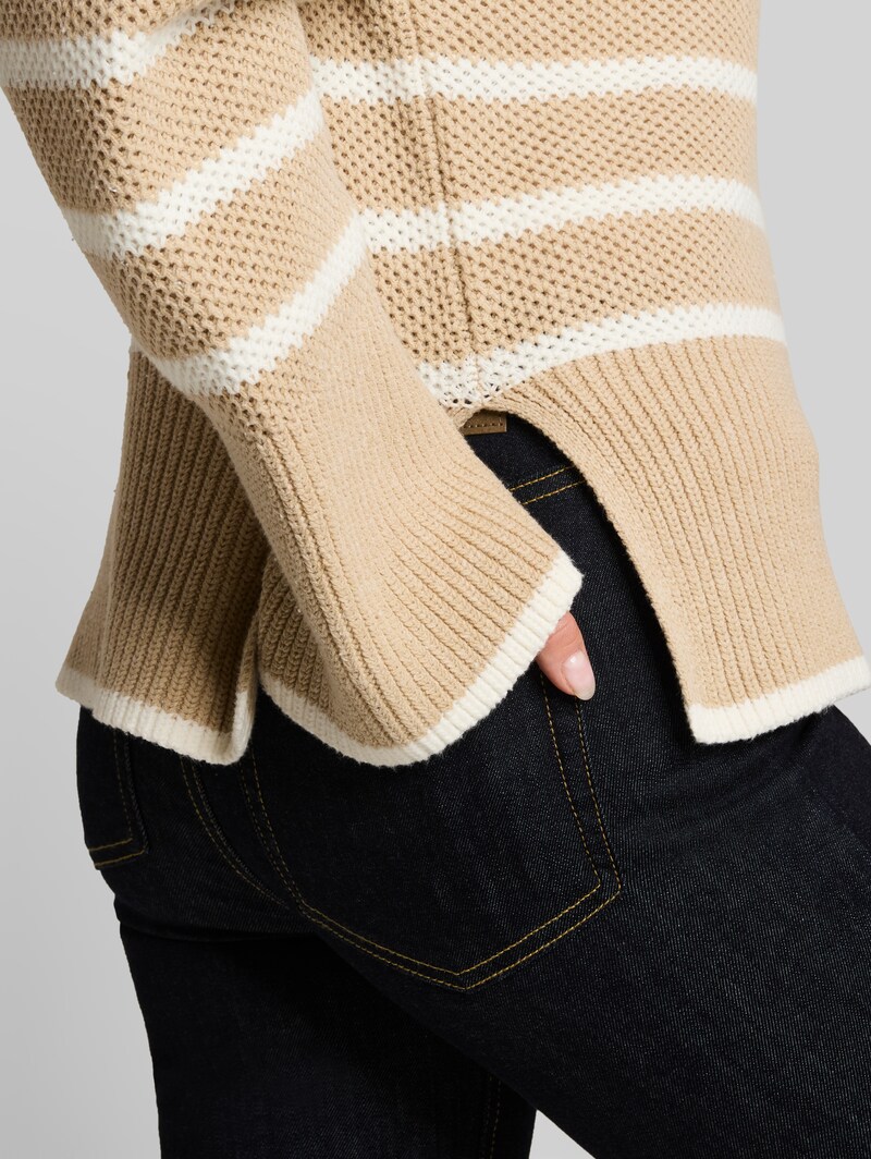 Tom Tailor Oversize Strickpullover mit Streifenmuster - Beige Melange White Stripe