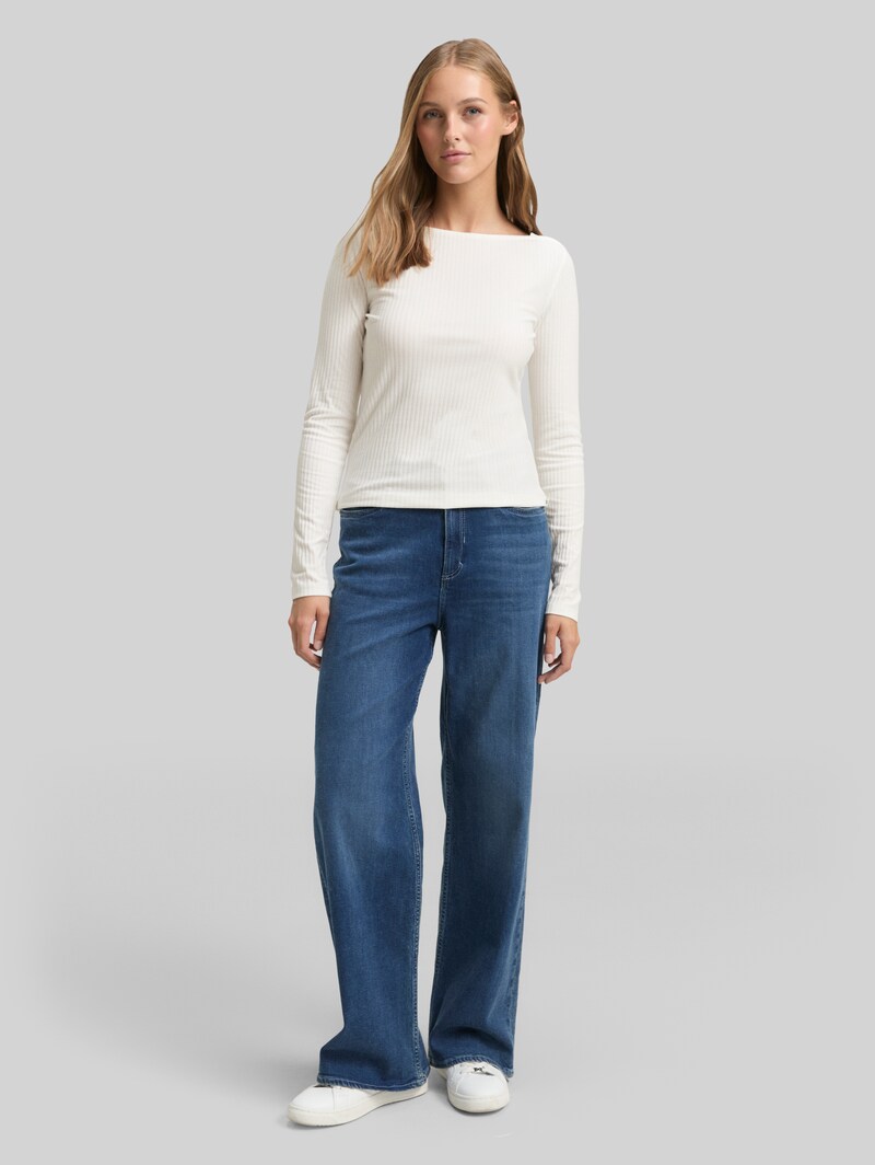Tom Tailor Slim Fit Langarmshirt mit U-Boot-Ausschnitt - Off White